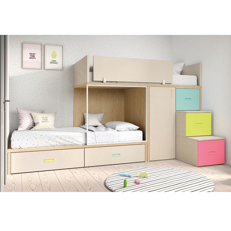 Habitación juvenil con cama litera con cajones + armario y escritorio.