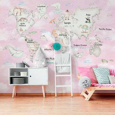 Mural Mapa Mundi Gris fondo rosa