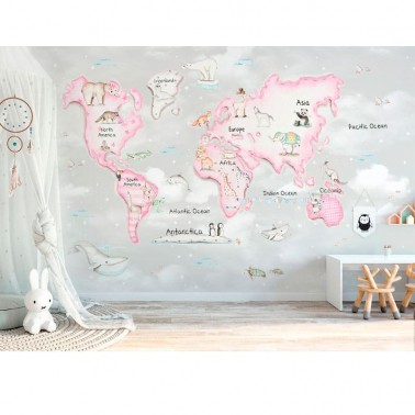 Mural Mapa Mundi Rosa fondo gris
