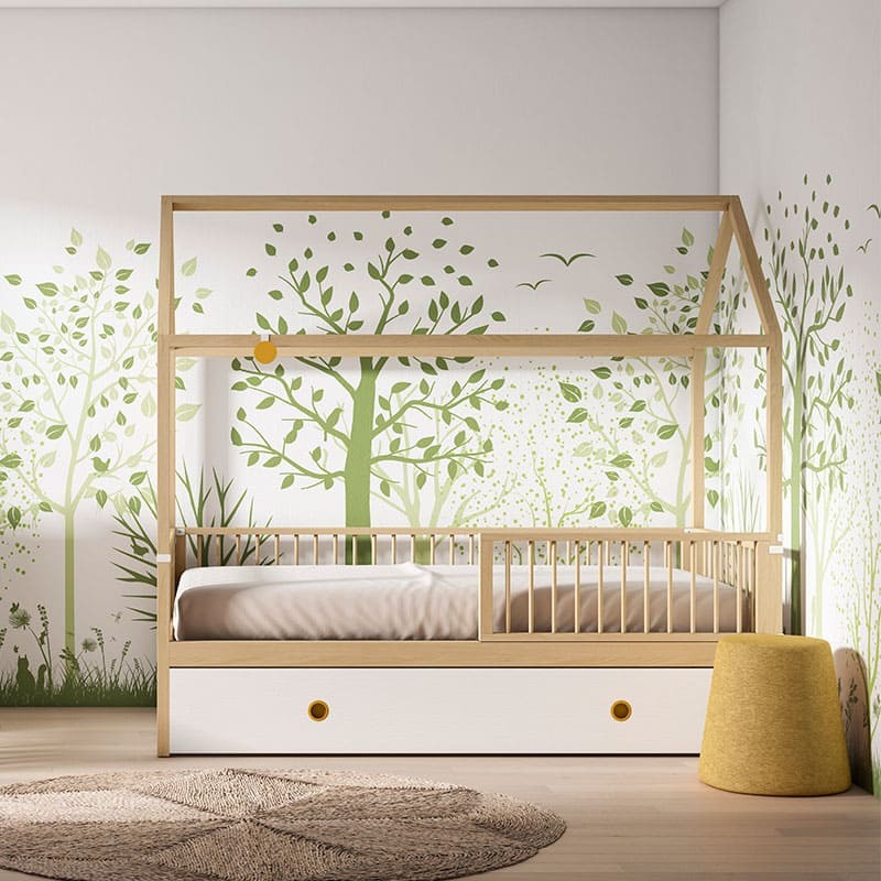 Cama Infantil Tipo Montessori, Casita Madera Natural para niño y