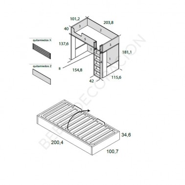 Litera Trak escalera frontal con cama canape